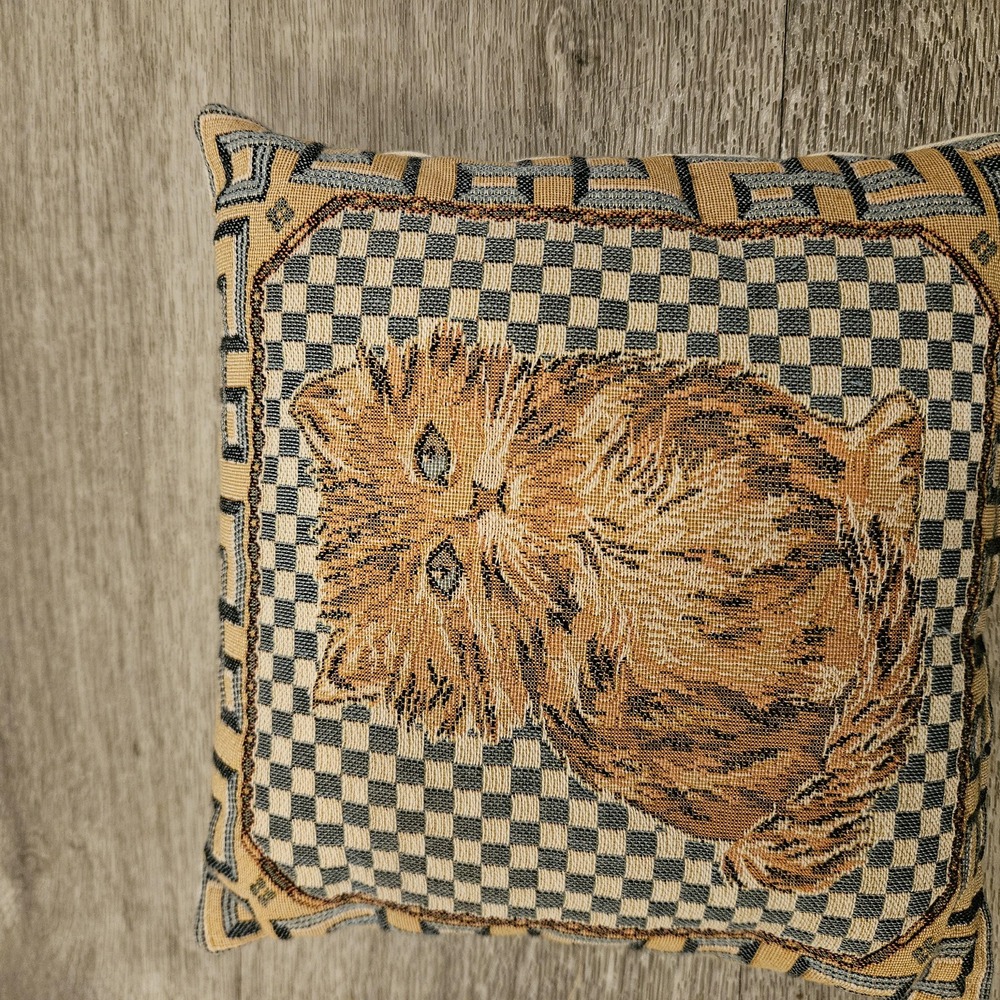 vintage woven tapestry throw pillow orange tabby cat checkered geometric decor - Picture 4 of 8